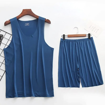 Kezdőlap Nyommentes Ujjatlan Férfi Ruhák Nyári Nyári Rövidnadrágok Vékony öltöny Ruhák Hétköznapi Férfi Nyakú Jégpizsama Kerek Mellény