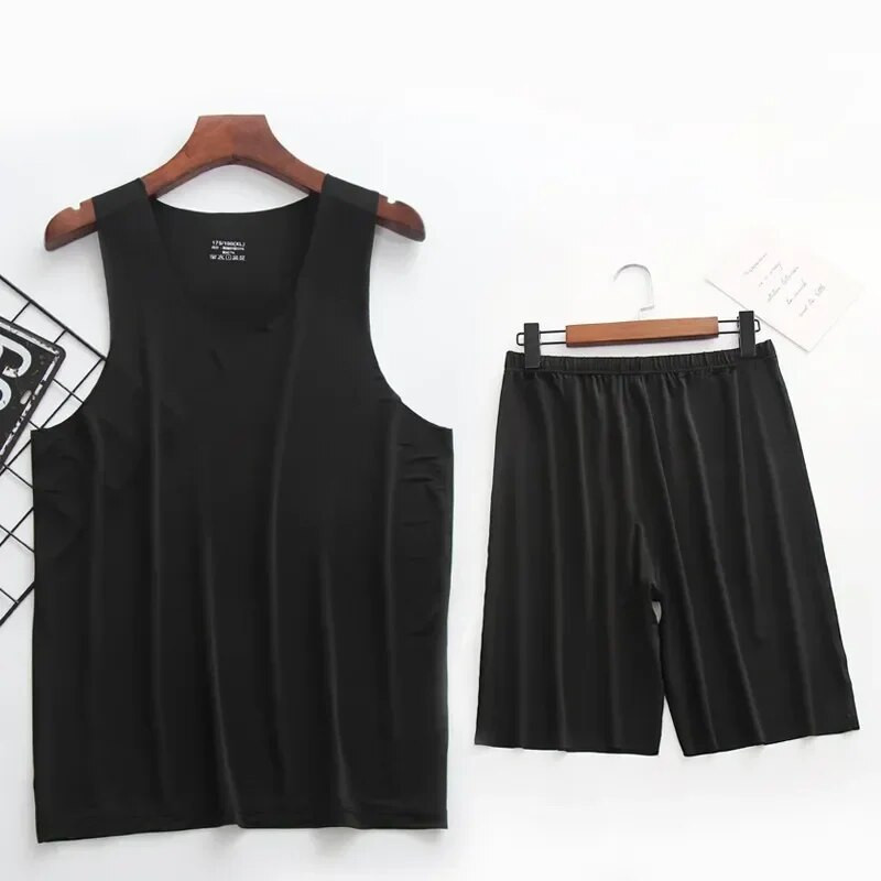 Kezdőlap Nyommentes Ujjatlan Férfi Ruhák Nyári Nyári Rövidnadrágok Vékony öltöny Ruhák Hétköznapi Férfi Nyakú Jégpizsama Kerek Mellény