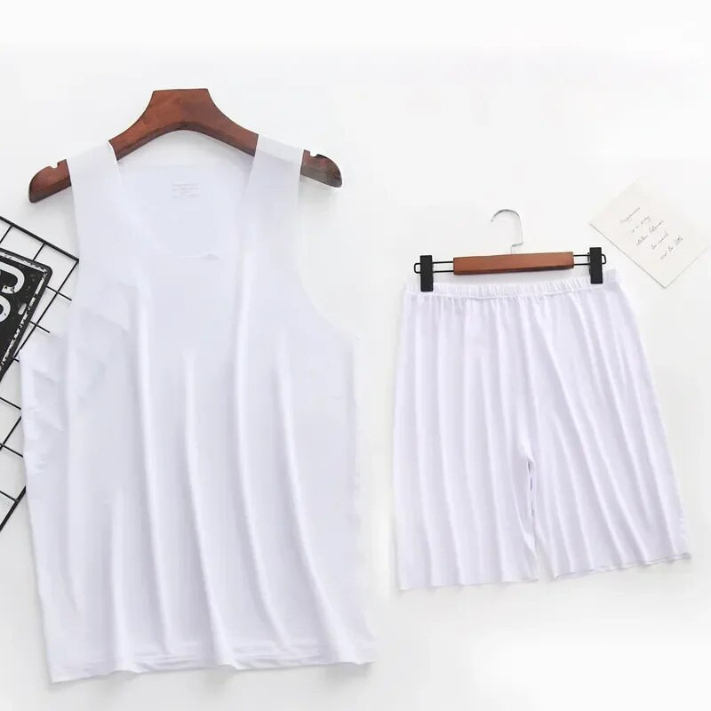 Kezdőlap Nyommentes Ujjatlan Férfi Ruhák Nyári Nyári Rövidnadrágok Vékony öltöny Ruhák Hétköznapi Férfi Nyakú Jégpizsama Kerek Mellény