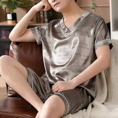 Apdruka Satīna Pidžamas T-krekli Vīriešu brīvi vīriešu topi ar kaklu Atpūtas apģērbs Īss T-krekls T-krekls Piedurknes Ikdienas topi guļamveļa