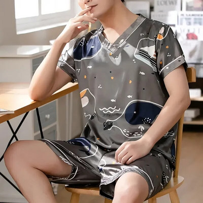 Apdruka Satīna Pidžamas T-krekli Vīriešu brīvi vīriešu topi ar kaklu Atpūtas apģērbs Īss T-krekls T-krekls Piedurknes Ikdienas topi guļamveļa