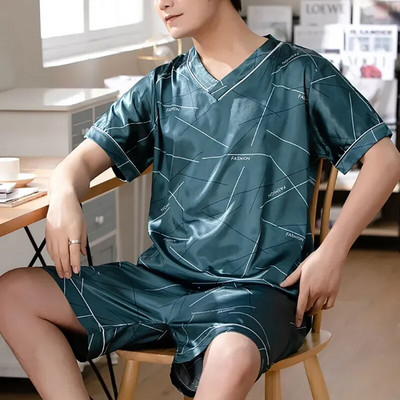 Apdruka Satīna Pidžamas T-krekli Vīriešu brīvi vīriešu topi ar kaklu Atpūtas apģērbs Īss T-krekls T-krekls Piedurknes Ikdienas topi guļamveļa