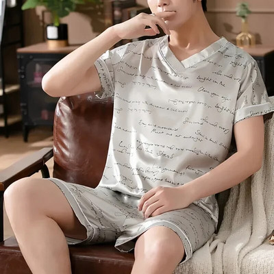 Apdruka Satīna Pidžamas T-krekli Vīriešu brīvi vīriešu topi ar kaklu Atpūtas apģērbs Īss T-krekls T-krekls Piedurknes Ikdienas topi guļamveļa
