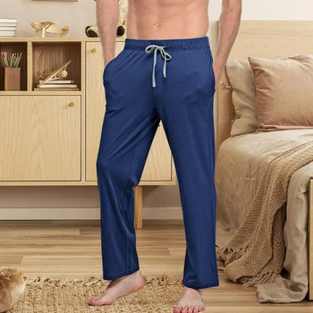 Мъжки домашни панталони Едноцветен ластик на талията Мъжки пижами Панталони Джобове Домашно облекло Панталони Мъжко облекло