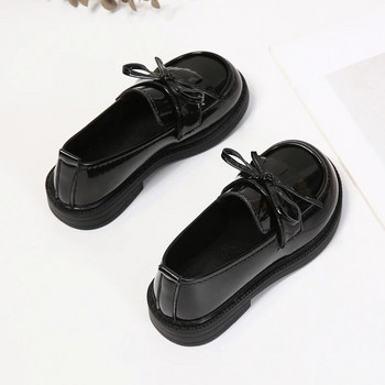 Μαύρα δερμάτινα παπούτσια για κορίτσια Φούντες Φιόγκος Απλό αντιολισθητικό UK Uniform σχολικά παπούτσια Παιδικά μόδα Ευέλικτα Loafers Slip-on 2023 PU