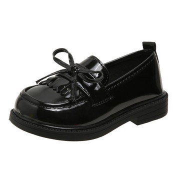 Μαύρα δερμάτινα παπούτσια για κορίτσια Φούντες Φιόγκος Απλό αντιολισθητικό UK Uniform σχολικά παπούτσια Παιδικά μόδα Ευέλικτα Loafers Slip-on 2023 PU