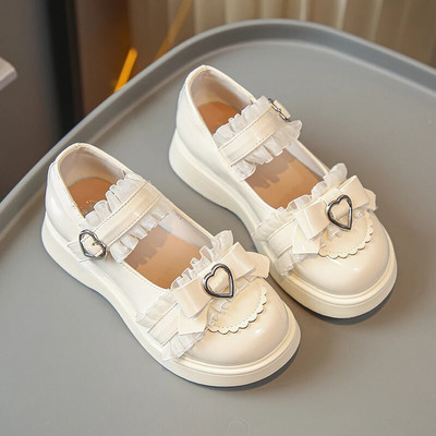 Lolita Sweet Girls daudzpusīgi tīri smilškrāsas apaļas galvas korejiešu stila bērnu ādas apavi 2023. gada mežģīņu mīlas loka princeses apavi