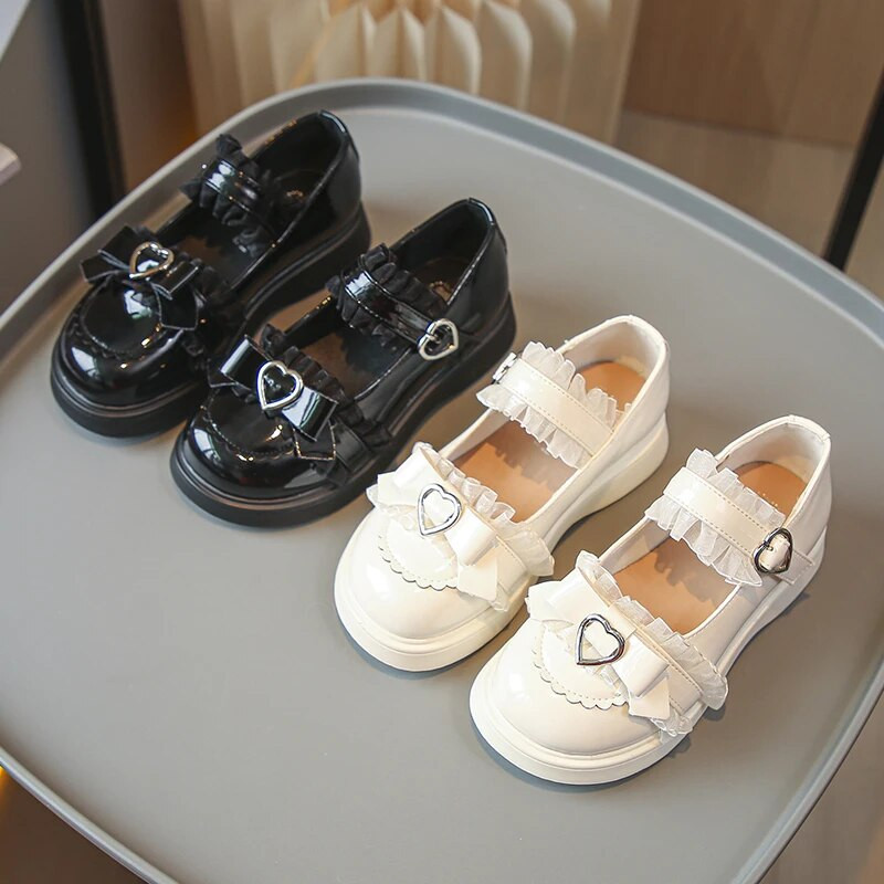 Lolita Sweet Girls daudzpusīgi tīri smilškrāsas apaļas galvas korejiešu stila bērnu ādas apavi 2023. gada mežģīņu mīlas loka princeses apavi