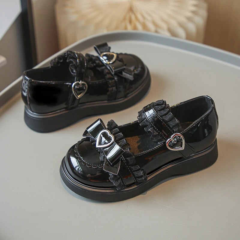 Lolita Sweet Girls daudzpusīgi tīri smilškrāsas apaļas galvas korejiešu stila bērnu ādas apavi 2023. gada mežģīņu mīlas loka princeses apavi