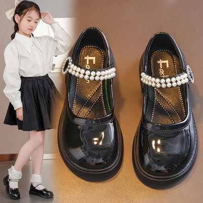 Nove dječje cipele iz 2023., crne kožne cipele za djevojčice, biseri, okrugli prsti, dječje ležerne plitke mokasine, neklizajuće PU mokasine, isporuka u paketu