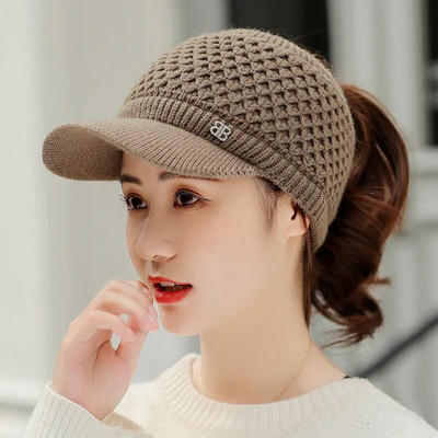 Zimske kape za žene Kapa, debela, topla uvijena pletena kapa Ženska jesenska kapa od flisa s konjskim repom, šešir sa šiltom, šešir, kapica Gorro bejzbol kape