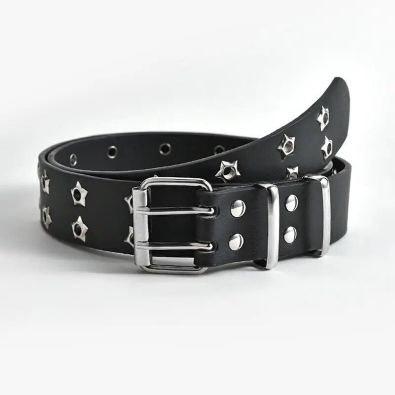 Star Eye Rivet Belt Goth Style Double Pin sprādze Sievietēm Vīriešu Modes Ikdienišķa Punk Stils Pu ādas jostasvietas jostasvieta