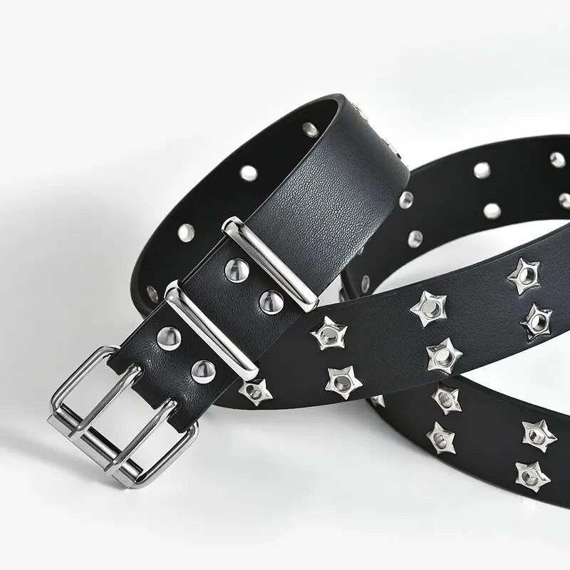 Star Eye Rivet Belt Goth Style Double Pin sprādze Sievietēm Vīriešu Modes Ikdienišķa Punk Stils Pu ādas jostasvietas jostasvieta