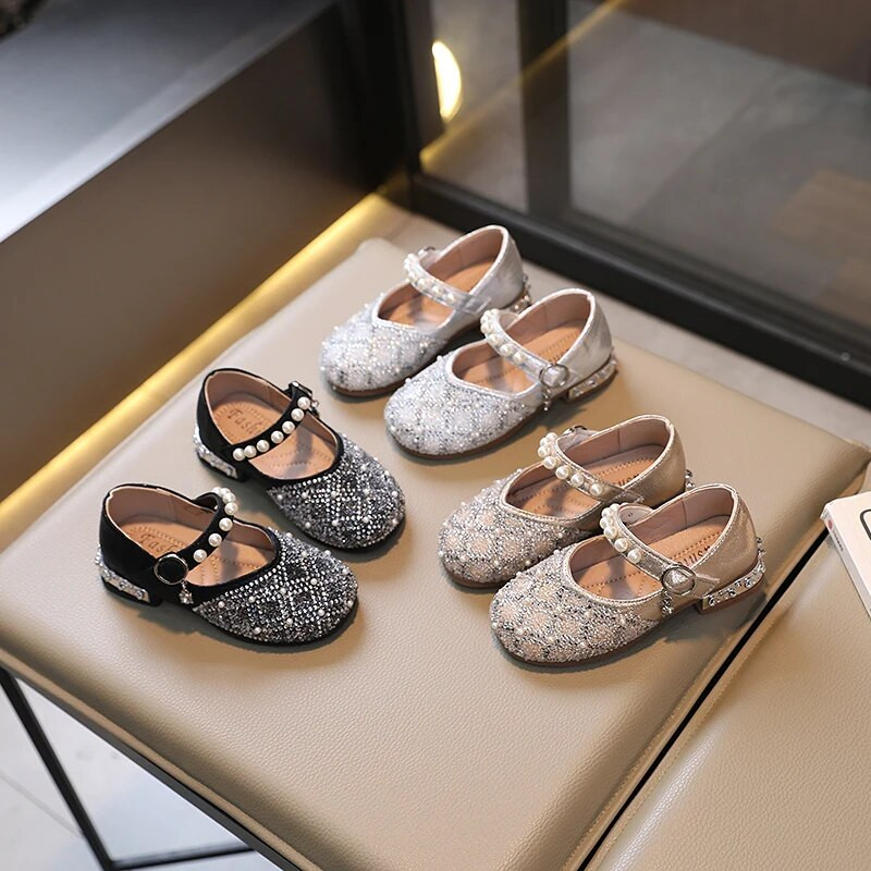 2023. gada Mērijas Džeinas apavi meitenēm Bērnu apavi Kristāla apavi ballīšu kāzu šoviem PU bērnu modes zempapēžu kurpes, PU