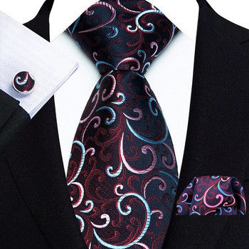Κλασική ανδρική γραβάτα μαύρη ασημί ριγέ Floral Paisley μεταξωτές γραβάτες τσέπη τετράγωνο σετ μανικετόκουμπα κοστούμι επαγγελματικό δώρο για άνδρες