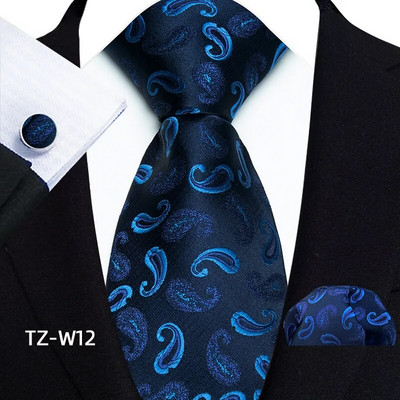 Klasiska vīriešu kaklasaite, melna sudraba svītraina ziedu Paisley zīda kaklasaites kabatas kvadrātveida aproču pogas komplekts uzvalks kāzu biznesa dāvana vīriešiem