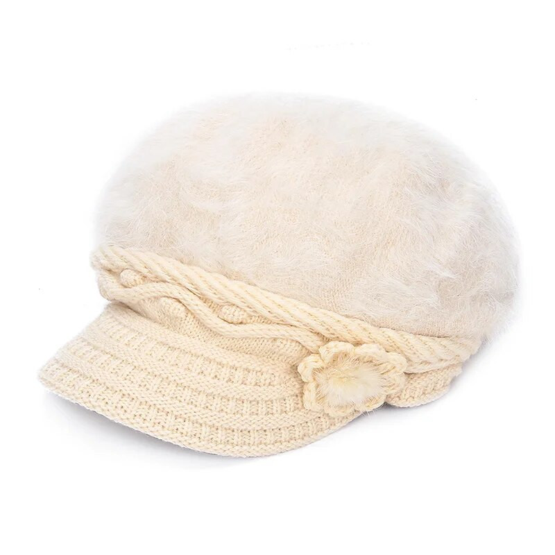 D&T 2022. Novi modni šešir Beretka Ženska pletena topla cvjetna dekoracija Zaštita od sunca Zimska elegantna jednobojna dlakava vunena kapa