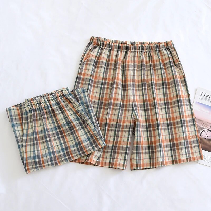 Vasaras vīriešu šorti pidžamas Jaunas kokvilnas marles apakšpuses bikses Pijama Hommes pidžamas vīriešu ikdienas rūtaini plānas daļas guļambikses Pantalones