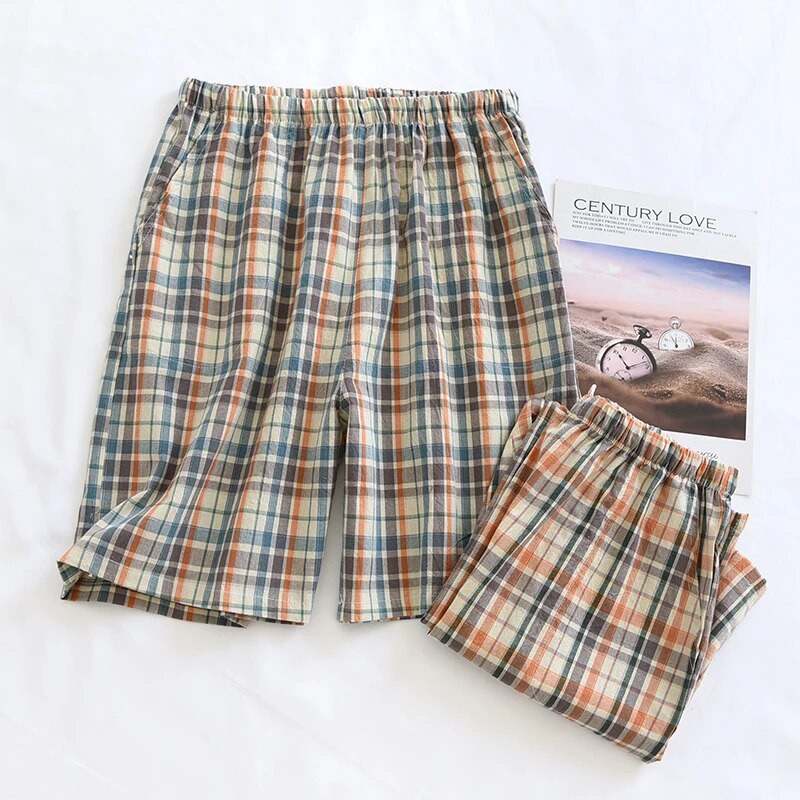 Vasaras vīriešu šorti pidžamas Jaunas kokvilnas marles apakšpuses bikses Pijama Hommes pidžamas vīriešu ikdienas rūtaini plānas daļas guļambikses Pantalones