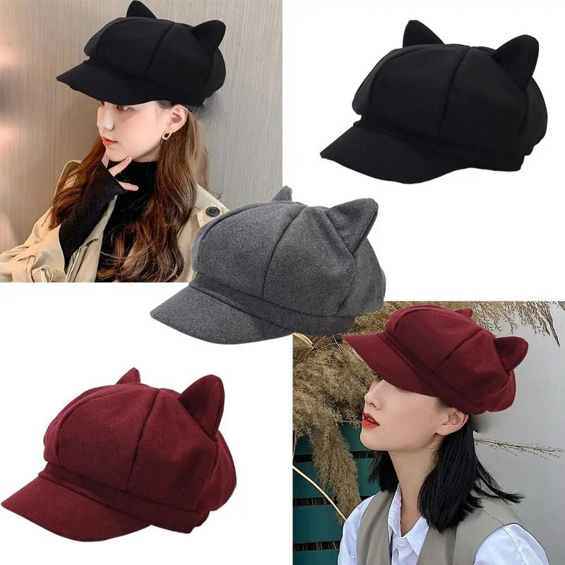Kratka kapa s mačjim ušima s strehom Jesenska zimska kapa Toplija retro osmerokutna kapa Modna vintage šešir s beretkom Žene Dame Djevojke