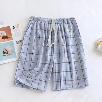 Large Line пет-точкова решетка Японски памучни памучни къси панталони Семпла пижама Единични изпрани панталони Домашни тънки мъжки летни петна