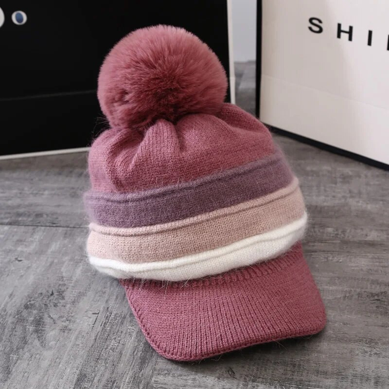Rudens un ziemas jauna silta pīļu cepure Sieviešu jauktas krāsas trušu mati Trikotāžas cepures Ausu aizsardzība Vilnas cepure Bieza beisbola cepure