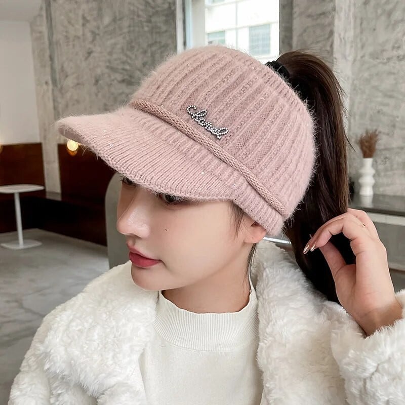 Šeširi sa šiltom za žene Šešir sa šiltom 2022. Nove ženske zimske tople pletene kape sa zečjim modnim korejskim bejzbolskim repom Gorro