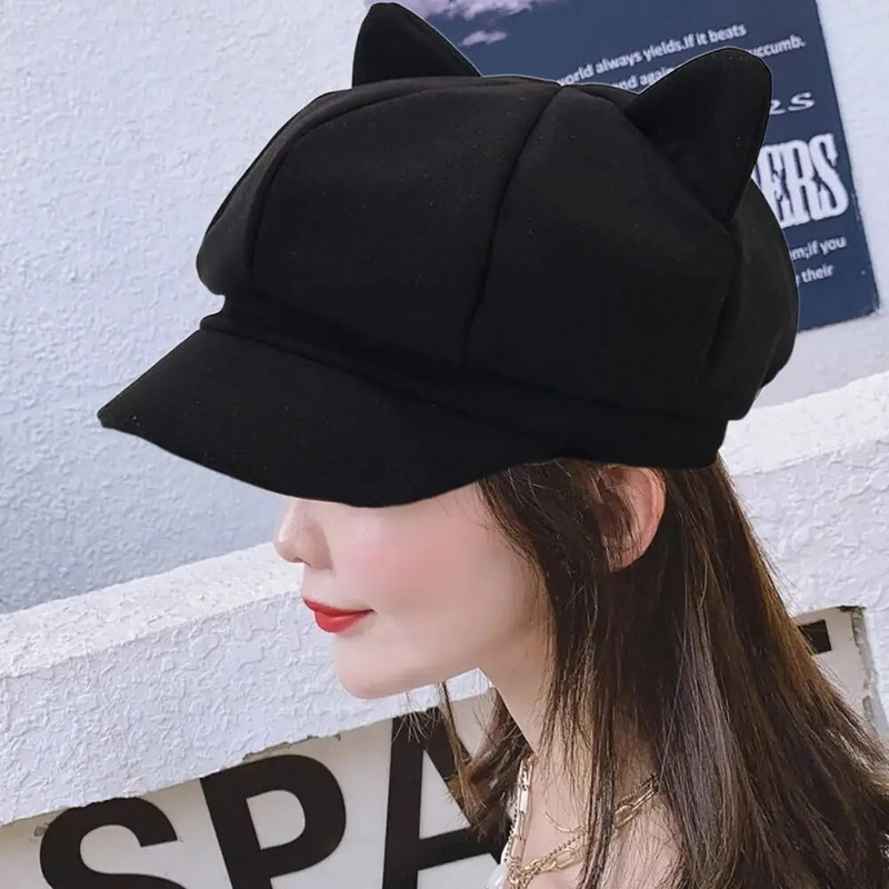 Modni šešir s mačjim ušima Šešir s mačjim ušima Retro kratka kapa s pačjim jezikom Toplija verzija Osmerokutna kapa Žene Dame Djevojke
