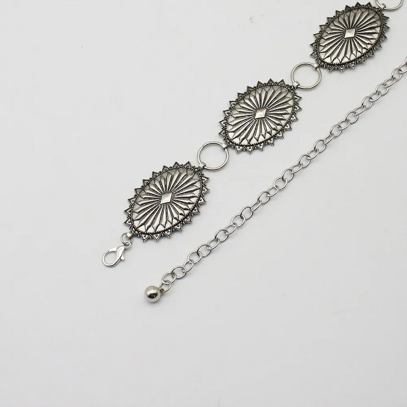 CONCHO LINK JOSTA Southwestern Sun Star Burst apzīmogots metāla medaljons Concho ķēdes josta Cowgirl vasaras kleita viduklis Boho aksesuāri