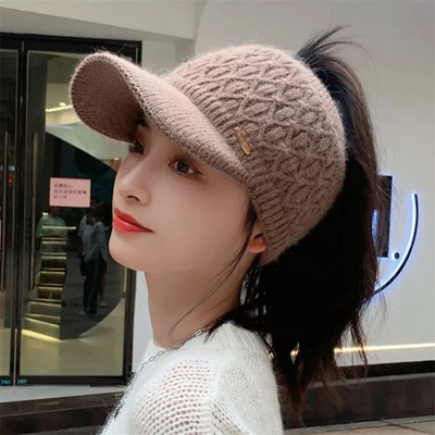 Moteriškos kepurės su antveidu 2022 m. Naujos žiemos šiltos tuščios megztos kepurės Sportinės golfo kepurės beisbolo kepurė Žieminė kepurė Moteriškos arklio uodegos kepurės