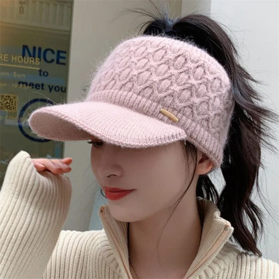 Moteriškos kepurės su antveidu 2022 m. Naujos žiemos šiltos tuščios megztos kepurės Sportinės golfo kepurės beisbolo kepurė Žieminė kepurė Moteriškos arklio uodegos kepurės