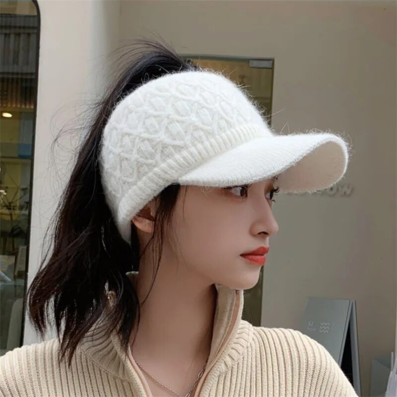 Moteriškos kepurės su antveidu 2022 m. Naujos žiemos šiltos tuščios megztos kepurės Sportinės golfo kepurės beisbolo kepurė Žieminė kepurė Moteriškos arklio uodegos kepurės