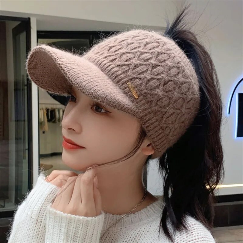 Moteriškos kepurės su antveidu 2022 m. Naujos žiemos šiltos tuščios megztos kepurės Sportinės golfo kepurės beisbolo kepurė Žieminė kepurė Moteriškos arklio uodegos kepurės