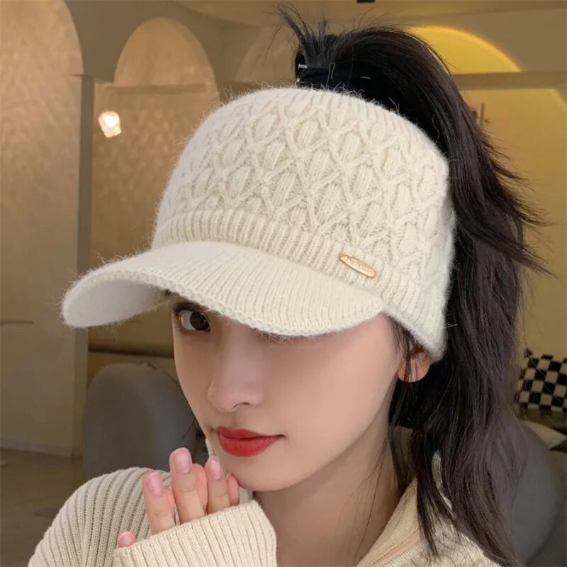 Moteriškos kepurės su antveidu 2022 m. Naujos žiemos šiltos tuščios megztos kepurės Sportinės golfo kepurės beisbolo kepurė Žieminė kepurė Moteriškos arklio uodegos kepurės