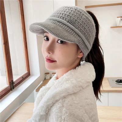 Căciulă de iarnă pentru femei, ocazional din blană de iepure, șapcă moale, respirabilă, Topless, cu vizor, pălărie groase, caldă, hip hop, pălărie tricotată Gorros