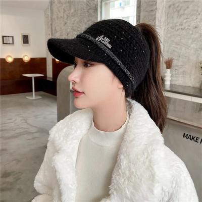 Căciulă de iarnă pentru femei, ocazional din blană de iepure, șapcă moale, respirabilă, Topless, cu vizor, pălărie groase, caldă, hip hop, pălărie tricotată Gorros