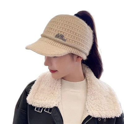 Căciulă de iarnă pentru femei, ocazional din blană de iepure, șapcă moale, respirabilă, Topless, cu vizor, pălărie groase, caldă, hip hop, pălărie tricotată Gorros