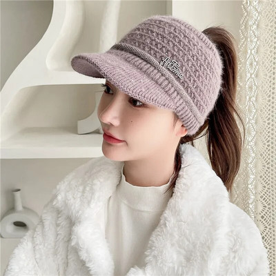 Căciulă de iarnă pentru femei, ocazional din blană de iepure, șapcă moale, respirabilă, Topless, cu vizor, pălărie groase, caldă, hip hop, pălărie tricotată Gorros