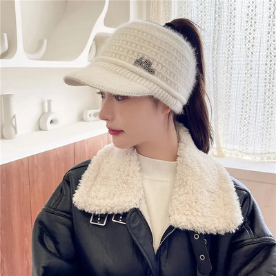 Căciulă de iarnă pentru femei, ocazional din blană de iepure, șapcă moale, respirabilă, Topless, cu vizor, pălărie groase, caldă, hip hop, pălărie tricotată Gorros