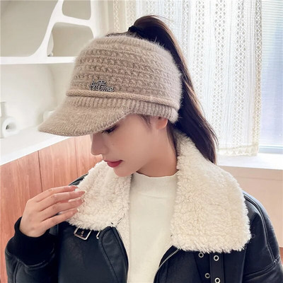 Căciulă de iarnă pentru femei, ocazional din blană de iepure, șapcă moale, respirabilă, Topless, cu vizor, pălărie groase, caldă, hip hop, pălărie tricotată Gorros