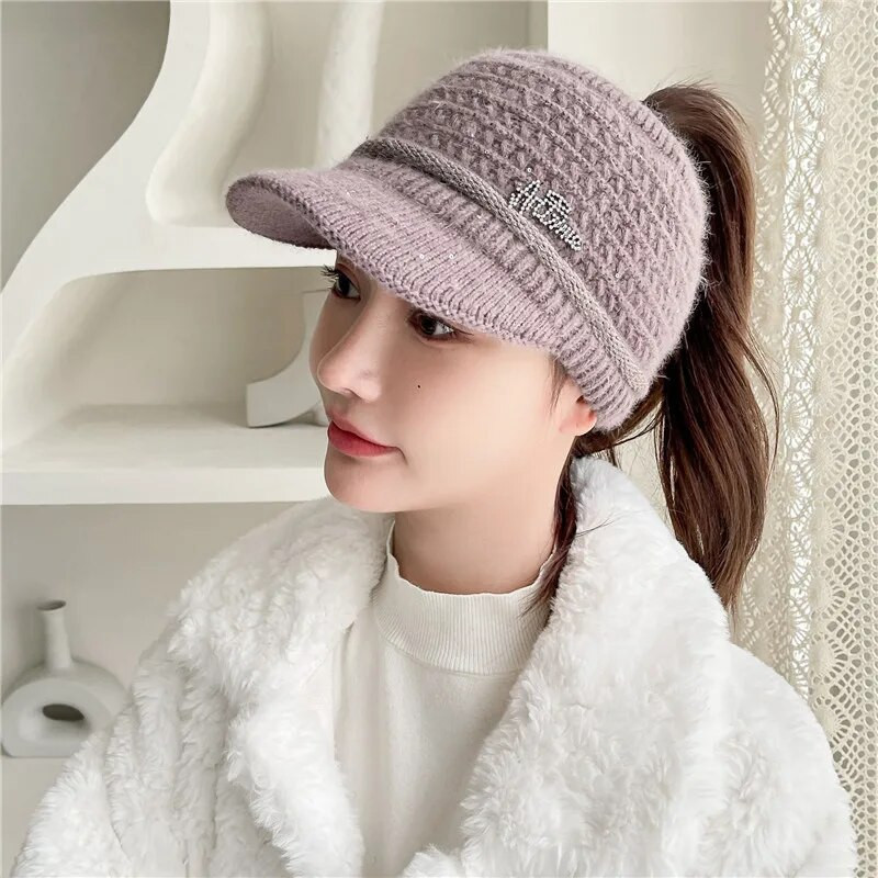 Căciulă de iarnă pentru femei, ocazional din blană de iepure, șapcă moale, respirabilă, Topless, cu vizor, pălărie groase, caldă, hip hop, pălărie tricotată Gorros