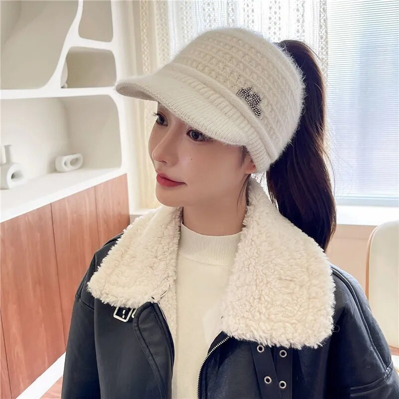 Căciulă de iarnă pentru femei, ocazional din blană de iepure, șapcă moale, respirabilă, Topless, cu vizor, pălărie groase, caldă, hip hop, pălărie tricotată Gorros