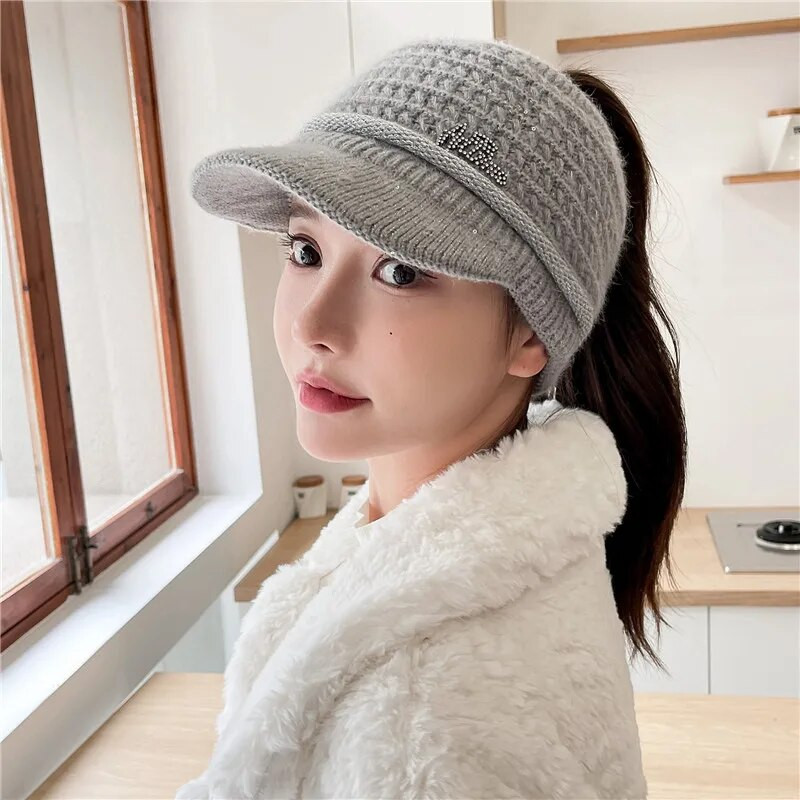 Căciulă de iarnă pentru femei, ocazional din blană de iepure, șapcă moale, respirabilă, Topless, cu vizor, pălărie groase, caldă, hip hop, pălărie tricotată Gorros