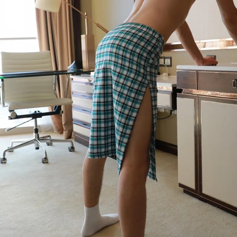 Seksikad meeste pidžaamad meeste magamisriided Meeste Briti stiilis ruuduline lahtine salong pidžaama meestele puuvillane püksiriided küljes poolitatud öösärk