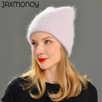 Jaxmonoy Rabbit Fur Cat Ear Beanie Καπέλο Χειμώνα διπλής στρώσης Ζεστό χνουδωτό Angora Blend Skullies Φθινοπωρινό κορίτσι Χαριτωμένο καπό αυτιού Θηλυκό