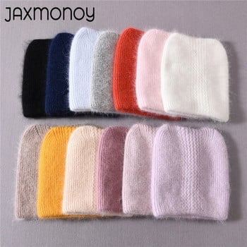 Jaxmonoy Rabbit Fur Cat Ear Beanie Καπέλο Χειμώνα διπλής στρώσης Ζεστό χνουδωτό Angora Blend Skullies Φθινοπωρινό κορίτσι Χαριτωμένο καπό αυτιού Θηλυκό