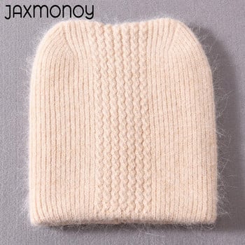 Jaxmonoy Rabbit Fur Cat Ear Beanie Καπέλο Χειμώνα διπλής στρώσης Ζεστό χνουδωτό Angora Blend Skullies Φθινοπωρινό κορίτσι Χαριτωμένο καπό αυτιού Θηλυκό