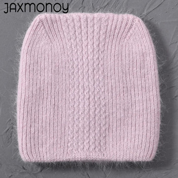 Jaxmonoy Rabbit Fur Cat Ear Beanie Καπέλο Χειμώνα διπλής στρώσης Ζεστό χνουδωτό Angora Blend Skullies Φθινοπωρινό κορίτσι Χαριτωμένο καπό αυτιού Θηλυκό