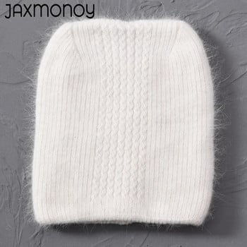 Jaxmonoy Rabbit Fur Cat Ear Beanie Καπέλο Χειμώνα διπλής στρώσης Ζεστό χνουδωτό Angora Blend Skullies Φθινοπωρινό κορίτσι Χαριτωμένο καπό αυτιού Θηλυκό