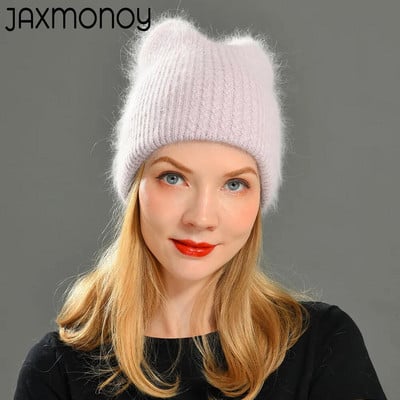 Jaxmonoy Rabbit Fur Cat Ear Beanie Καπέλο Χειμώνα διπλής στρώσης Ζεστό χνουδωτό Angora Blend Skullies Φθινοπωρινό κορίτσι Χαριτωμένο καπό αυτιού Θηλυκό